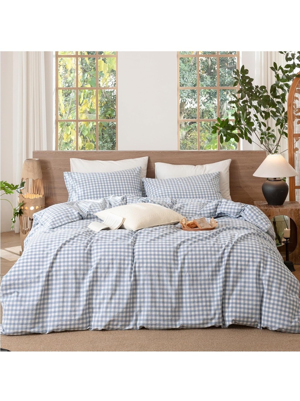 NEW MooMee Gingham 100% Washed Cotton Duvet Cover Set Linen Like